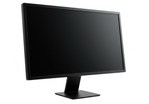 A modern computer monitor with a black screen, isolated on a transparent background, representing technology and digital information