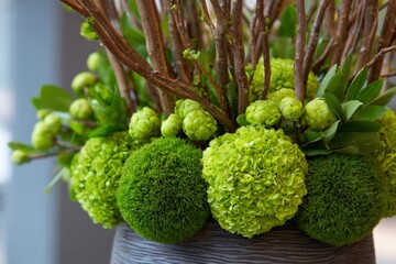 Beautiful floral arrangement featuring vibrant green elements in an artistic display inside a contemporary space