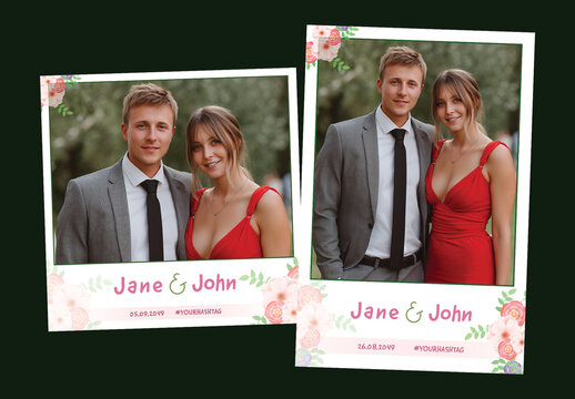 Wedding Photo Booth Template with Australian Couple Smiling, Editable Social Media Frame for Custom Names and Hashtags.
