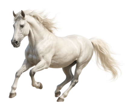 Majestic white horse in motion with flowing mane and tail on transparent background.