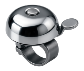 A sleek, metallic bicycle bell with a round dome and thumb lever designed for handlebar attachment on transparent background.