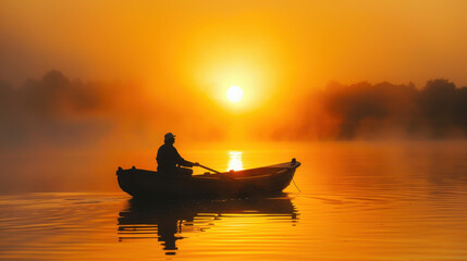 Lone person rowing a boat on a misty lake at sunrise