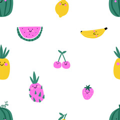 Cute fruits and berries seamless pattern. Comic vegetarian food collection on white background. Colorful vector illustration in cartoon style.