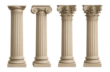 Obraz premium Four detailed classical architectural columns featuring Doric, Ionic, and Corinthian styles, showcasing intricate designs on transparent background.