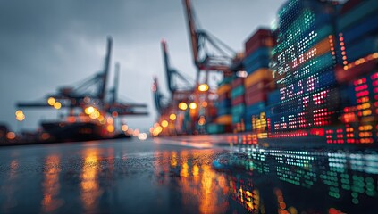 Port city at night, financial data overlay