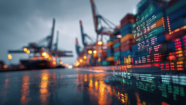 Port city at night, financial data overlay