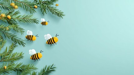 Festive graphic of illustrated bees flying among green pine branches with space for text
