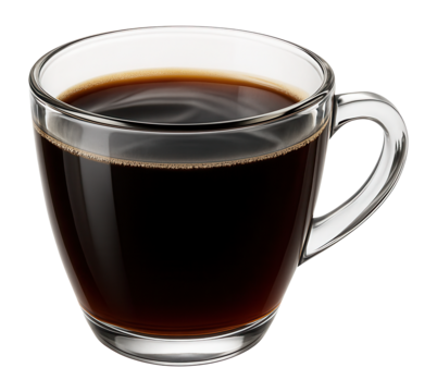 Clear glass cup filled with rich black coffee, showcasing its deep color and smooth surface on transparent background.
