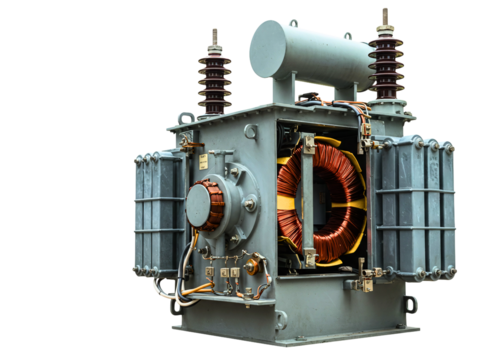 Heavy duty electrical transformer with copper coils isolated on transparent background