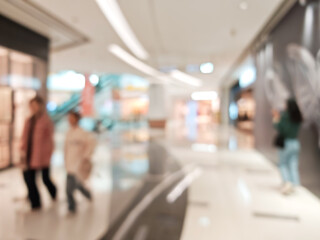 Blurry image of a modern shopping mall interior. Shoppers stroll along gleaming floors past various...