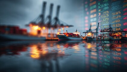 Shipping container port at night, reflected in water, with stock market data overlay