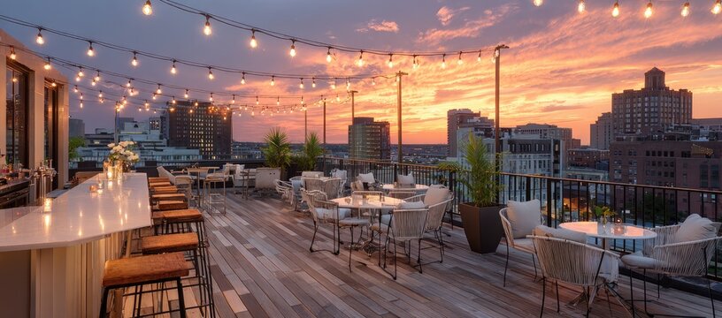 Rooftop patio at sunset with city view