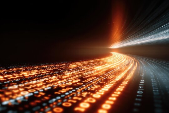 Abstract digital tunnel with glowing binary code and light streaks
