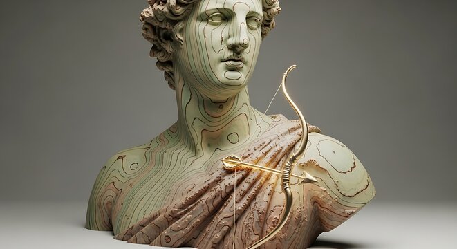 A layered, topographic-style bust of the Greek god Apollo with a small, glowing golden bow. - Powered by Adobe