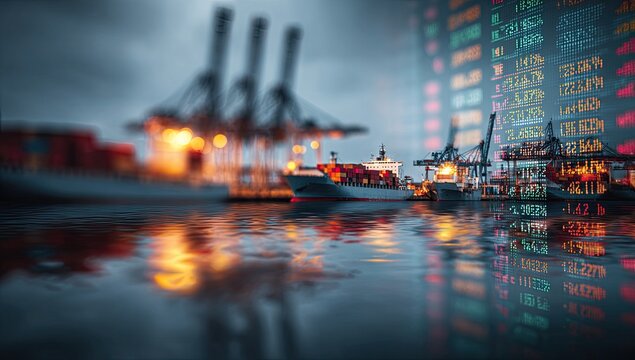 Shipping container port at night, reflected in water, with stock market data overlay - Powered by Adobe