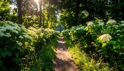 Fototapeta premium Walking Along a Sunlit Path with Wild White Flowers and Green Trees