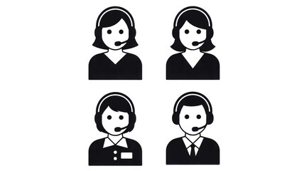 Black and white icons of people wearing headsets microphone