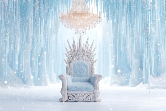 Majestic ice throne standing in a frozen cave with a crystal chandelier hanging above