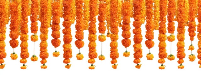 Orange marigold flower garlands hanging