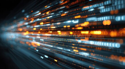 Abstract digital stream of data.  Blurred, fast-moving, glowing lines of binary code in orange, blue, and white against a dark background