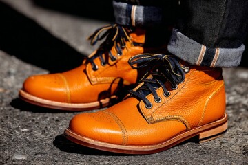 Stylish orange leather boots worn with denim on urban pavement in bright daylight