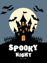 Spooky Night Halloween Haunted Castle with Bats.