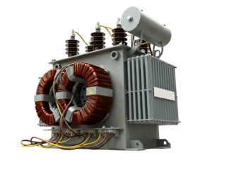 Heavy duty electrical transformer with copper coils isolated on transparent background