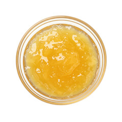 A close-up view of a jar filled with golden honey, showcasing its texture and color