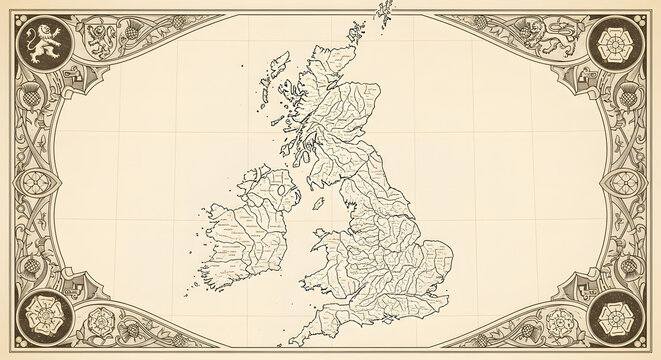Antique-style map of the British Isles, showcasing the hydrographic network of rivers on vintage parchment with an ornate fantasy border.