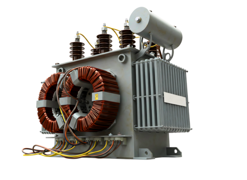 Heavy duty electrical transformer with copper coils isolated on transparent background