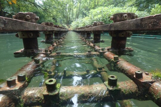 Wooden structure spans tranquil waters in dense forest during calm daylight hours