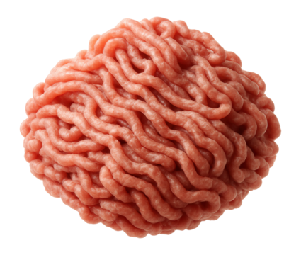 A close-up of raw ground beef in a coiled arrangement, showcasing its rich red color and marbled texture on transparent background.