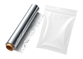 A roll of aluminum foil alongside a clear resealable plastic bag, perfect for storage and packaging needs on transparent background.