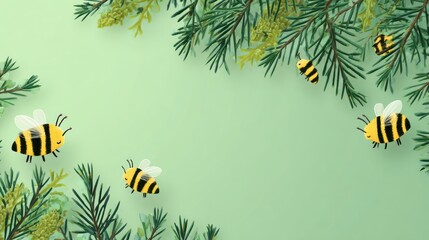Cute cartoon bees buzz among green fir branches on a light green background illustration
