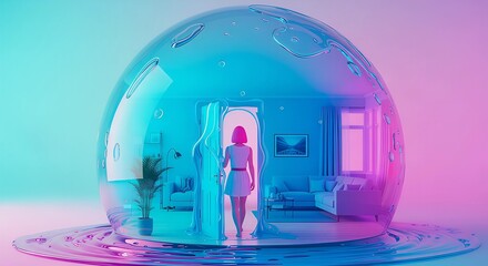 Woman in a virtual home inside a transparent bubble, symbolizing digital isolation and online connection for internet applications.