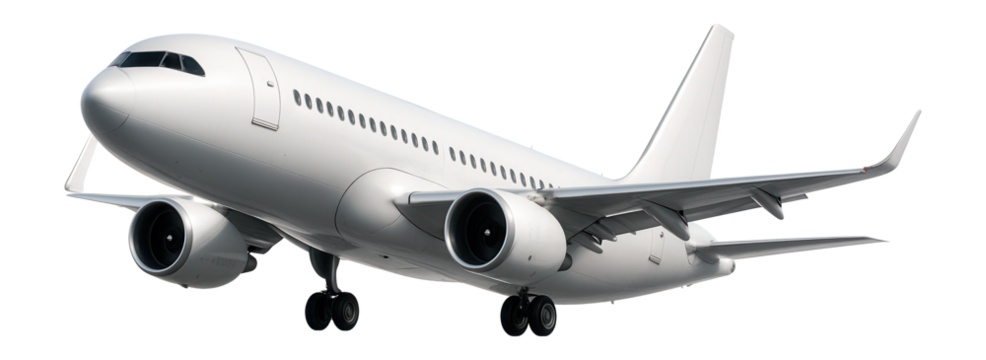 A sleek white commercial airplane with extended landing gear ready for takeoff, featuring two powerful jet engines on transparent background.