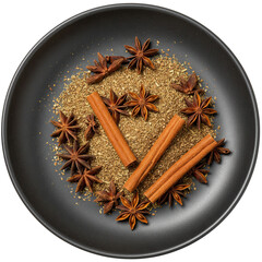 A beautifully arranged plate of spices featuring cinnamon sticks, star anise, and fennel seeds