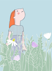 Cute Cartoon Girl holding Bouquet of Flowers. The child is hidden behind a large bouquet of flowers, for the best mom, cute vector illustration for Happy Mother s Day.