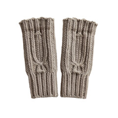 Beige Knitted Fingerless Gloves, Cozy, Hand Warmers, Isolated on Transparent Background
