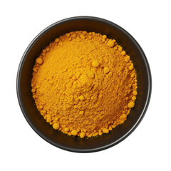Close-up of vibrant yellow turmeric powder in a black bowl, showcasing its texture and color (1)