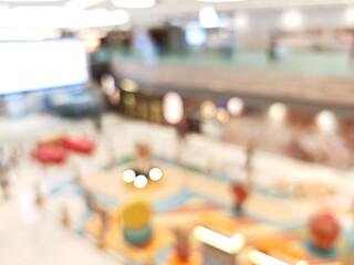 Abstract bokeh image of a bustling shopping mall with blurred lights and indistinct figures.