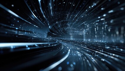 Abstract digital tunnel, dark blue, swirling lines,  light streaks