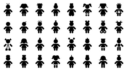 Many stylized silhouettes of girls in various hairstyles and clothing.

