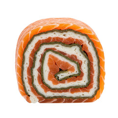 Vibrant sushi roll featuring layers of salmon and cream cheese, set against a simple white background