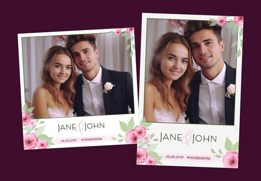 Floral Wedding Photo Booth Template with Australian Couple, Editable Social Media Frame for Custom Names and Hashtags.