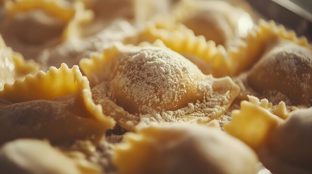 Close-up of fresh homemade ravioli with flour. Italian cuisine.