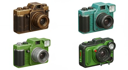 Four vintage style cameras in different colors