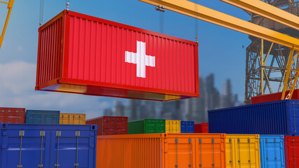 3D rendering of a shipping container with the Swiss flag suspended from a crane in a port dock.