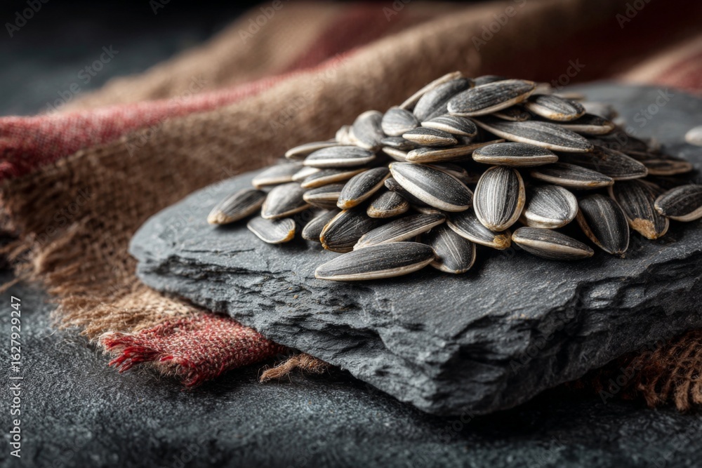 Poster sunflower seeds displayed on a stone slab with textured fabric in the background during a natural li