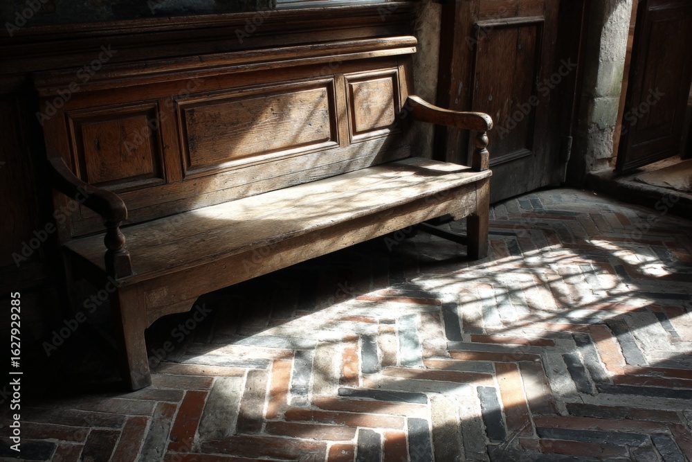 Poster sunlight filters through a window onto a wooden bench in a historic building with patterned flooring